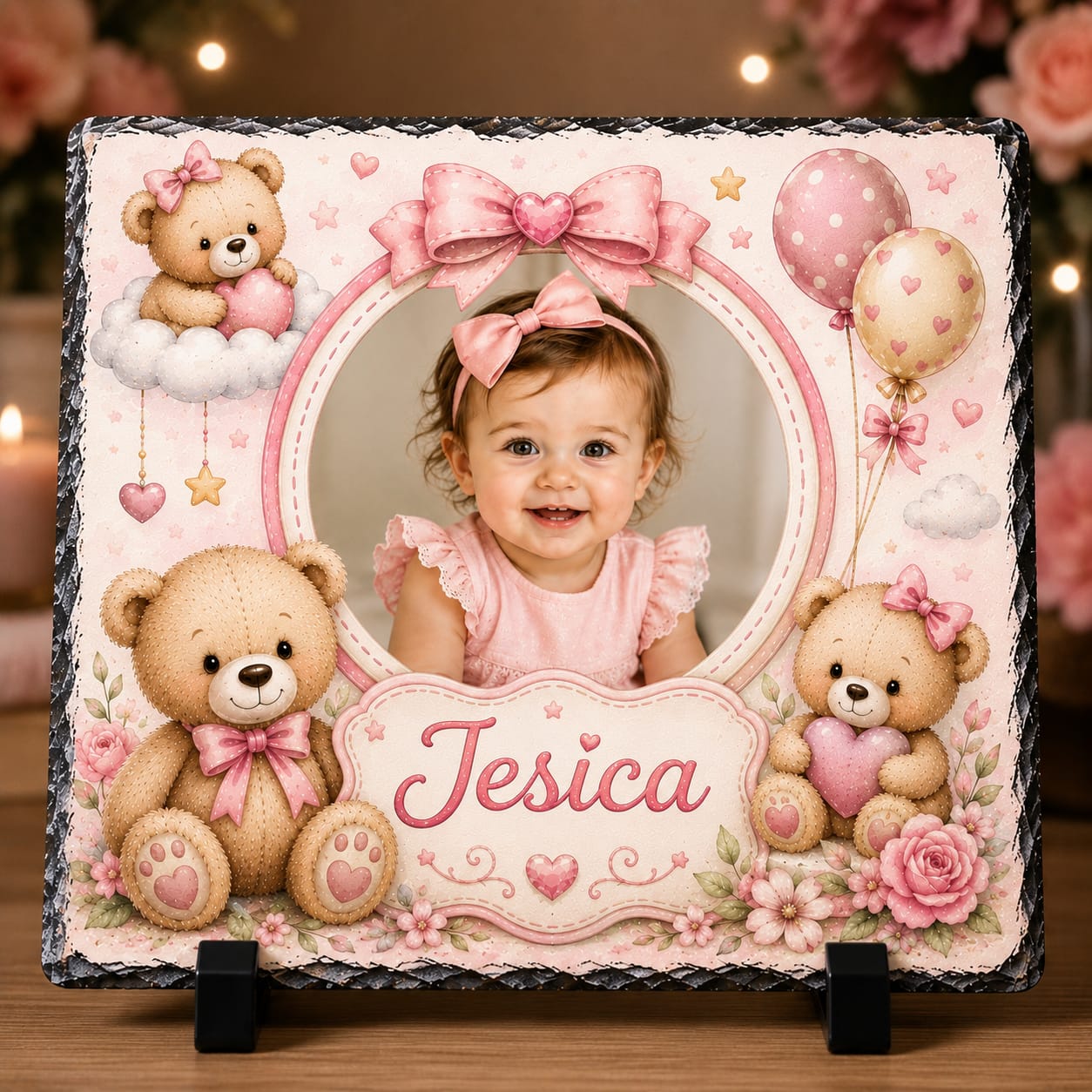 Placă ardezie personalizată pentru fetiță, 20 × 20 cm – model cu ursuleți roz