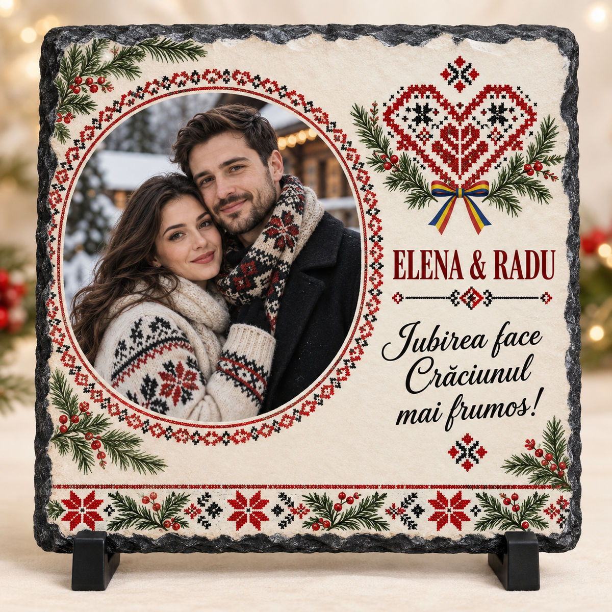 Placă Ardezie Personalizată 20×20 cm pentru Cuplu – Cadou de Crăciun cu Poză și Nume, Motive Tradiționale Românești