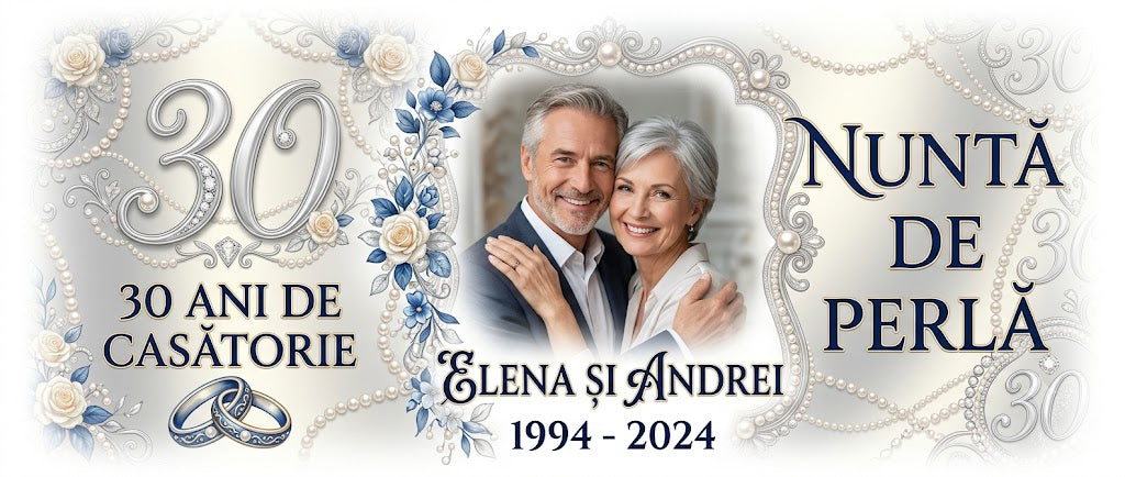 Cană personalizată Nuntă de Perlă – 30 de ani de căsătorie | Cu fotografie, nume și ani personalizați