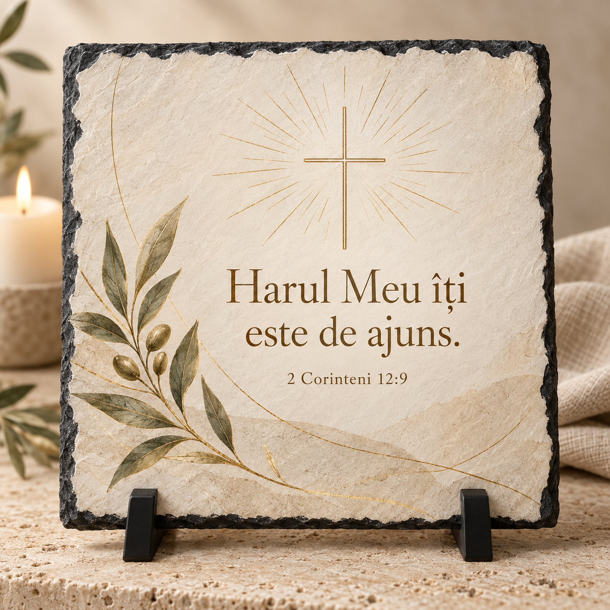 Placă Ardezie Personalizată 20x20 cm – „Harul Meu îți este de ajuns” | 2 Corinteni 12:9
