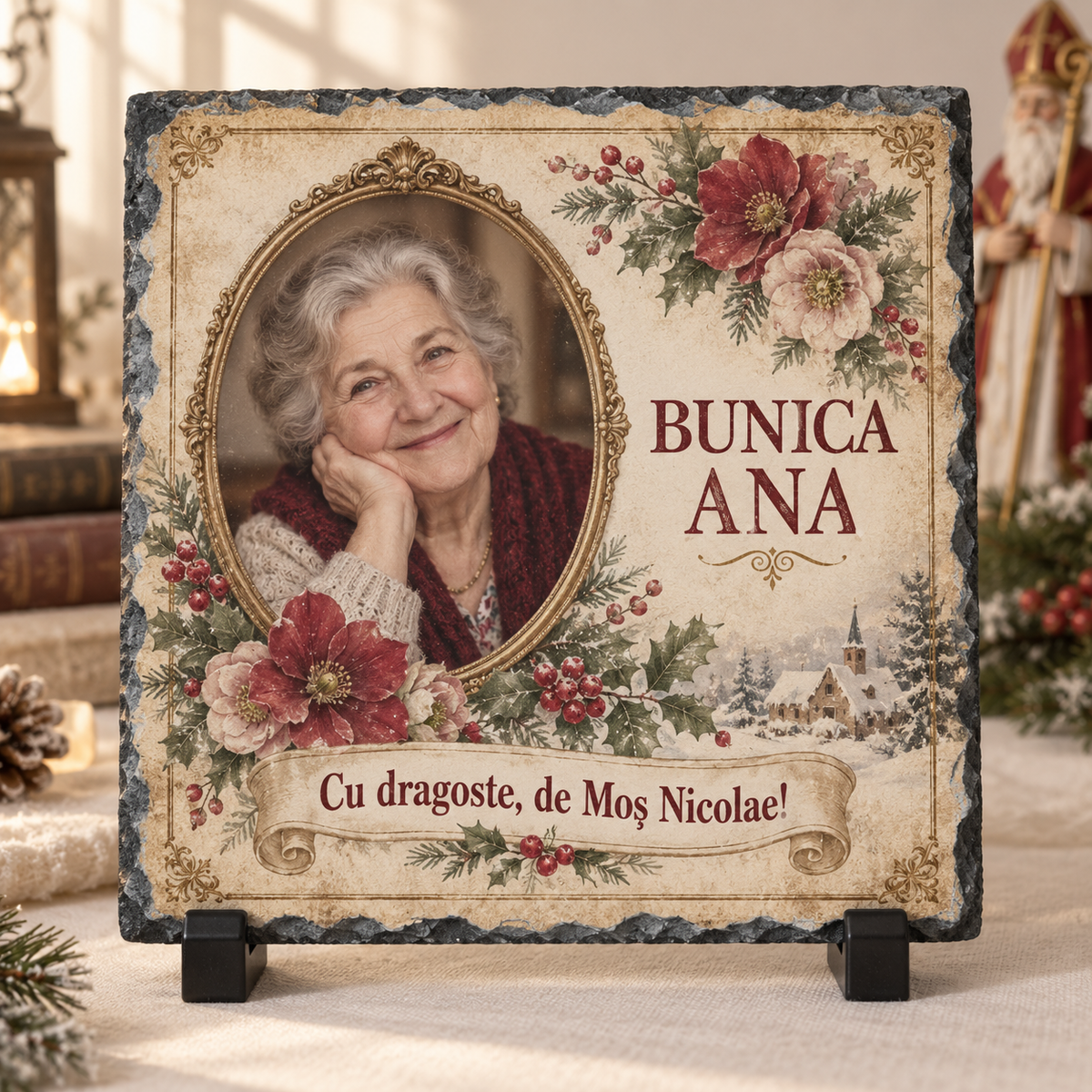 Placă Ardezie Personalizată 20×20 cm pentru Bunica – Cadou de Moș Nicolae cu Poză și Nume