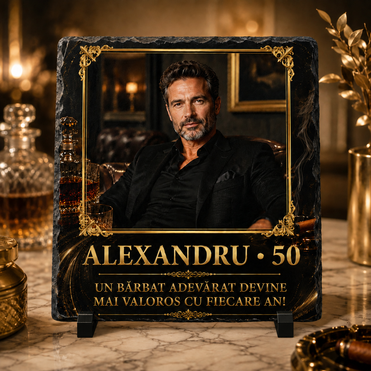 Placă de ardezie personalizată cu poză pentru bărbați – Cadou aniversare 50 de ani, design premium negru și auriu