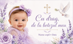 Mărturie de botez fetiță – Magnet de frigider personalizat 9 × 5,5 cm cu lavandă, porumbel și fotografie