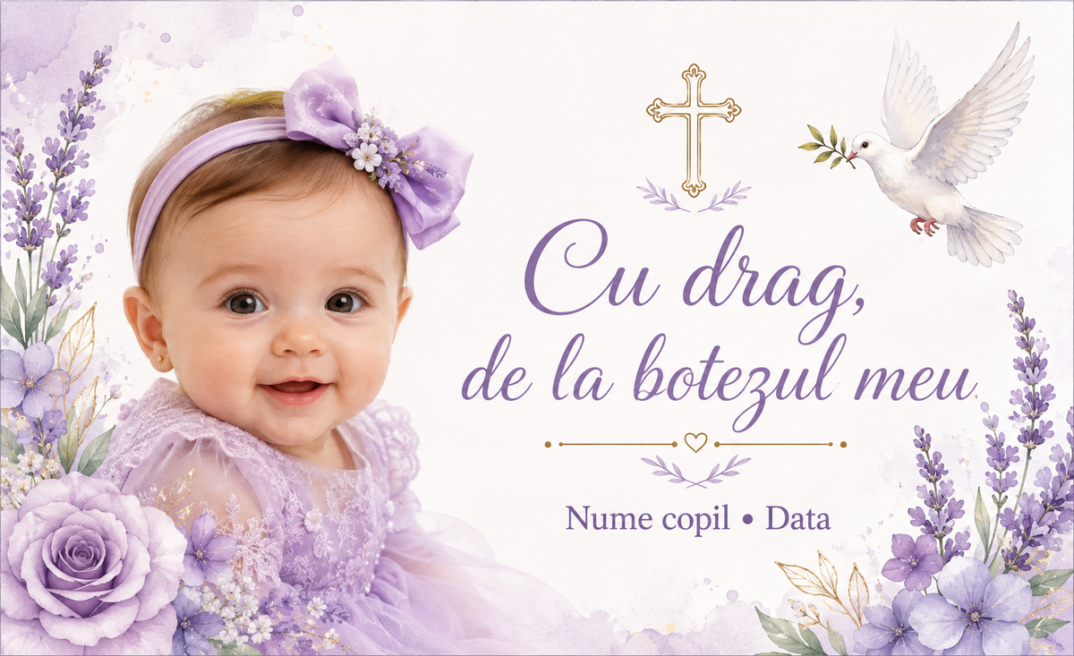 Mărturie de botez fetiță – Magnet de frigider personalizat 9 × 5,5 cm cu lavandă, porumbel și fotografie