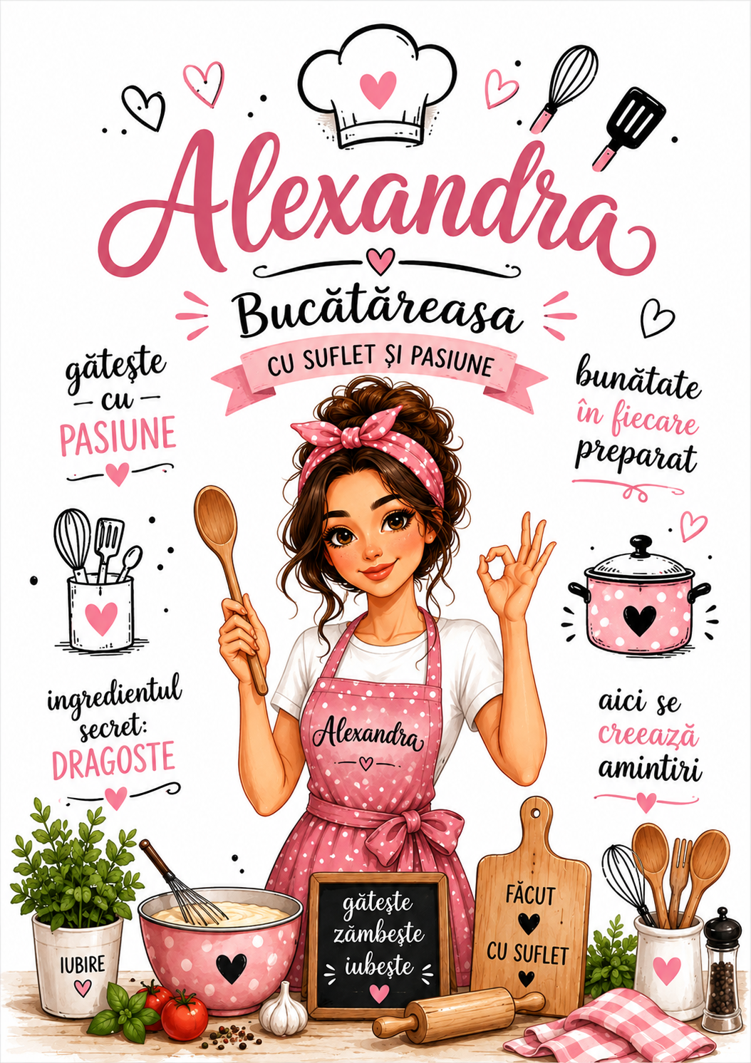 Șorț Personalizat cu Nume „Alexandra – Bucătăreasa” – Cadoul Perfect pentru Pasionatele de Gătit