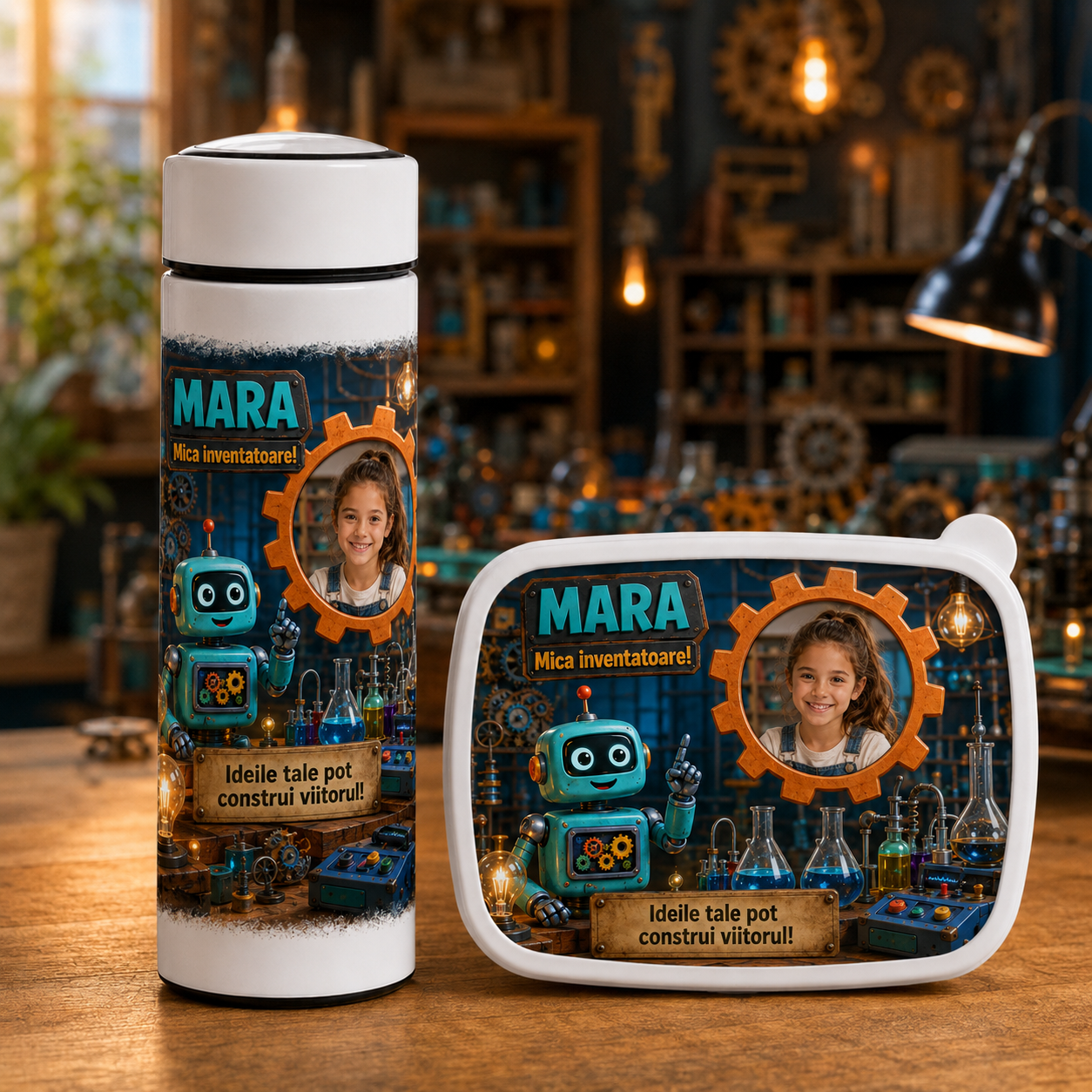 Set personalizat copii – Lunchbox + Termos 500 ml cu infuzor | „Mica inventatoare”