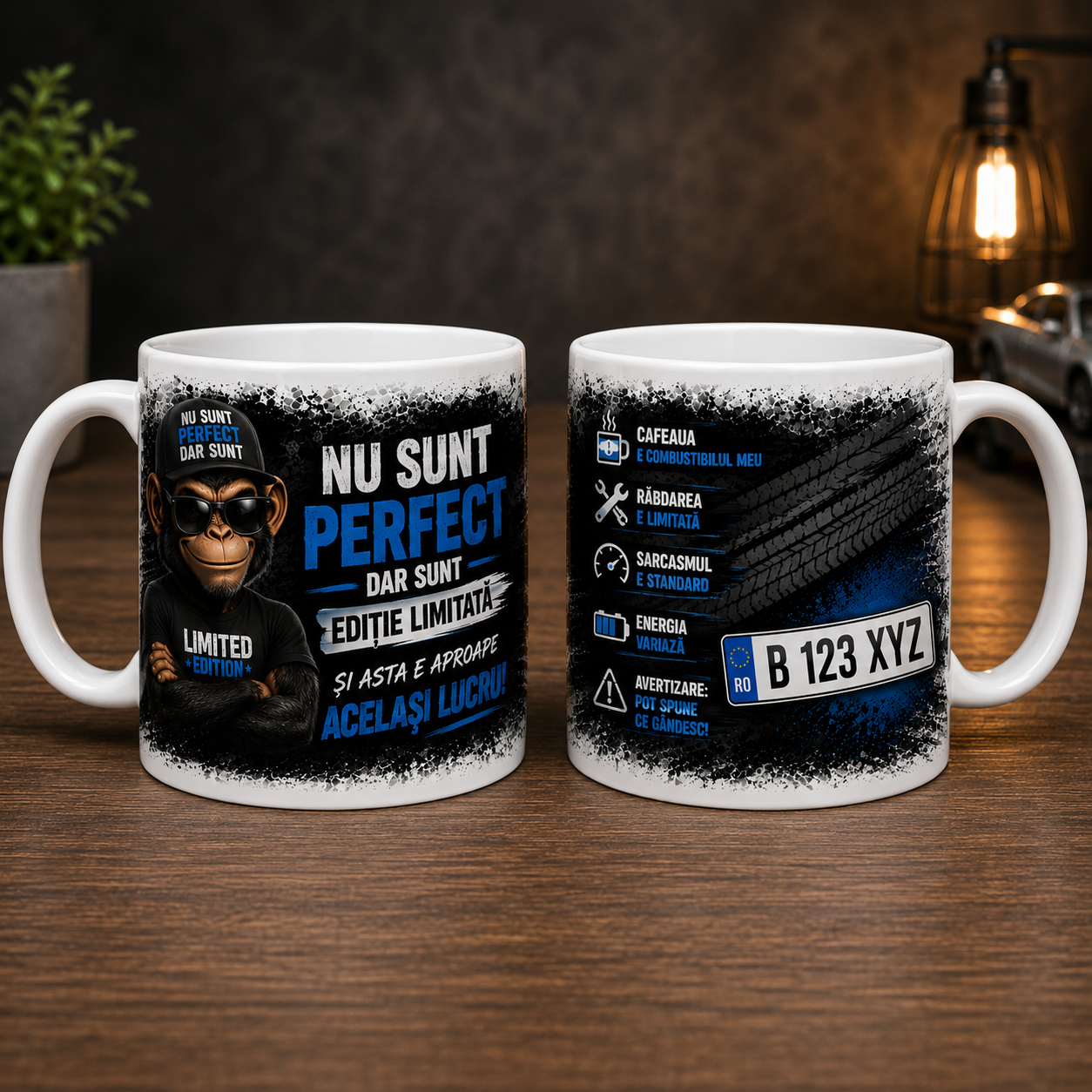 Cană Personalizată Amuzantă „Nu Sunt Perfect, Dar Sunt Ediție Limitată” – 330 ml | Personalizare cu Număr de Înmatriculare