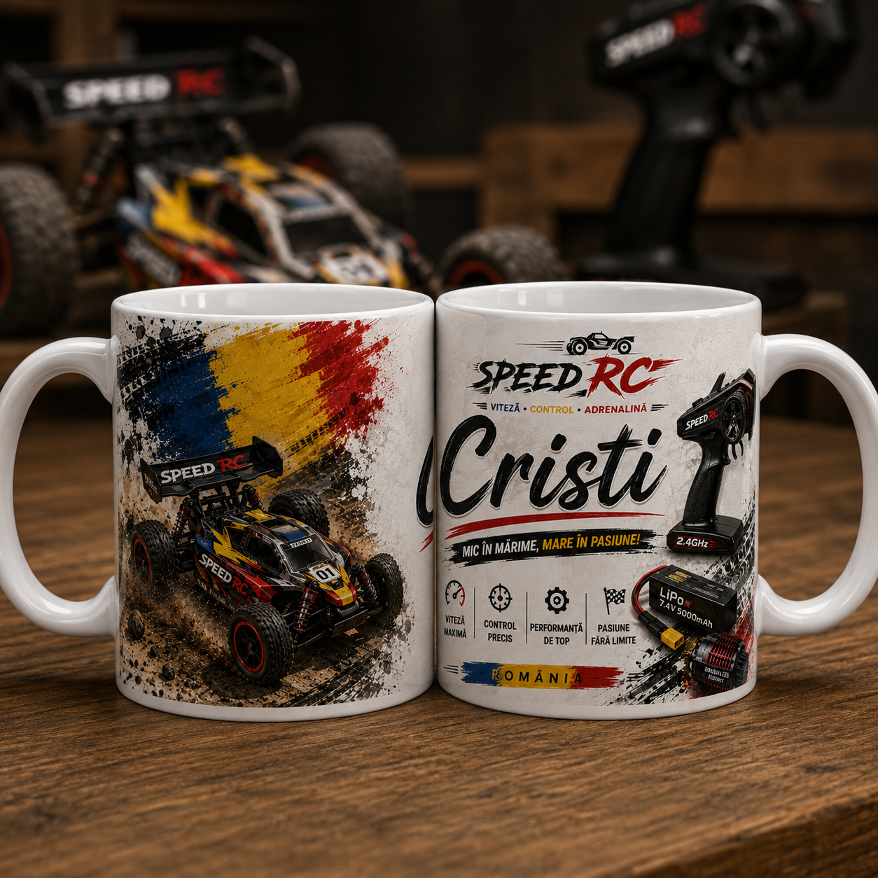 Cană personalizată cu numele Cristi și design mașină buggy RC off-road, telecomandă și acumulator LiPo