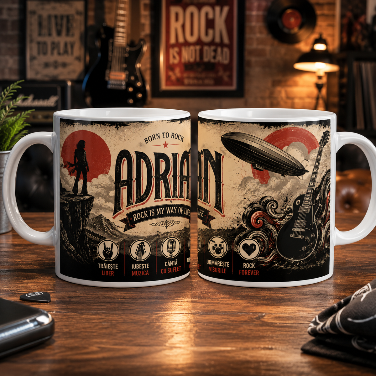 Cană personalizată rock cu numele Adrian, 330 ml, design vintage cu chitară electrică, solist, munți și simboluri muzicale
