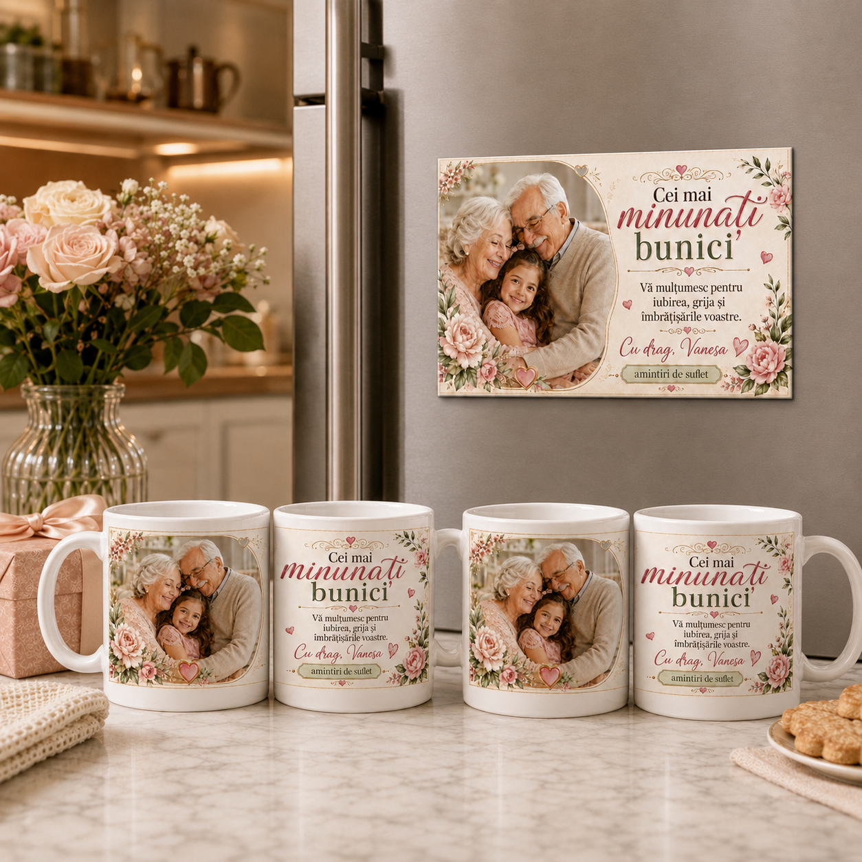 Set cadou personalizat pentru bunici – 2 căni de 330 ml și magnet cu poză