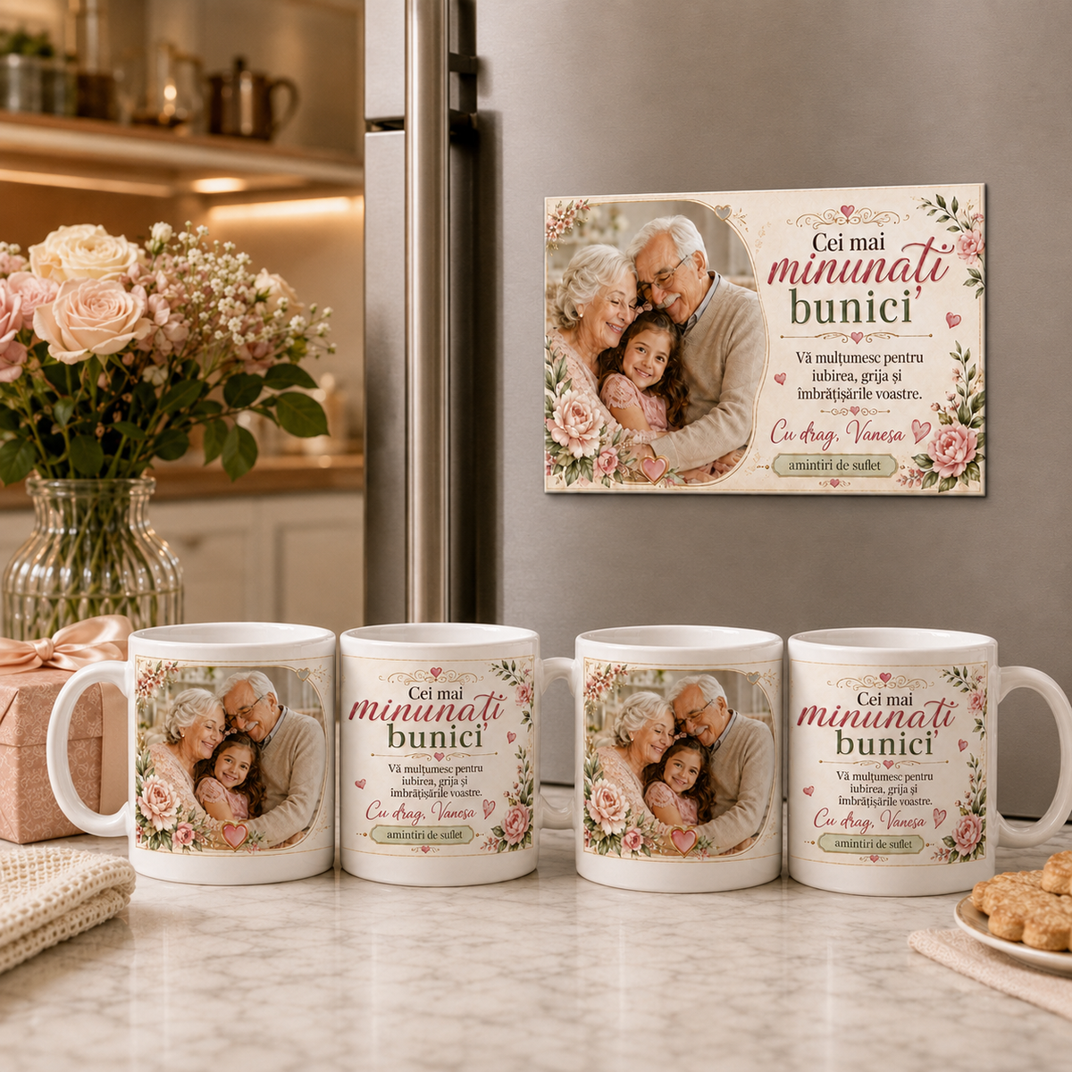 Set cadou personalizat pentru bunici – 2 căni de 330 ml și magnet cu poză