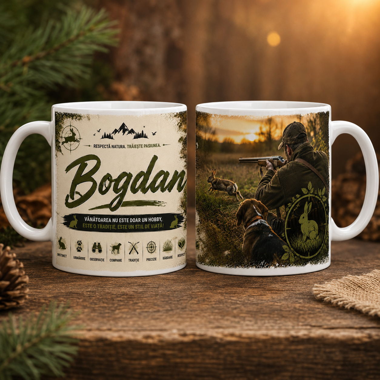 Cană personalizată pentru vânător de iepuri cu numele Bogdan, 330 ml, design cu vânător, iepure și câine de vânătoare