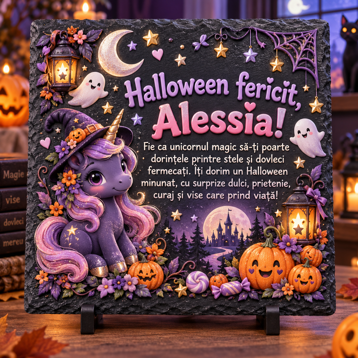 Placă ardezie personalizată Halloween pentru fetiță 20×20 cm – unicorn magic, fantome, dovleci și nume personalizat