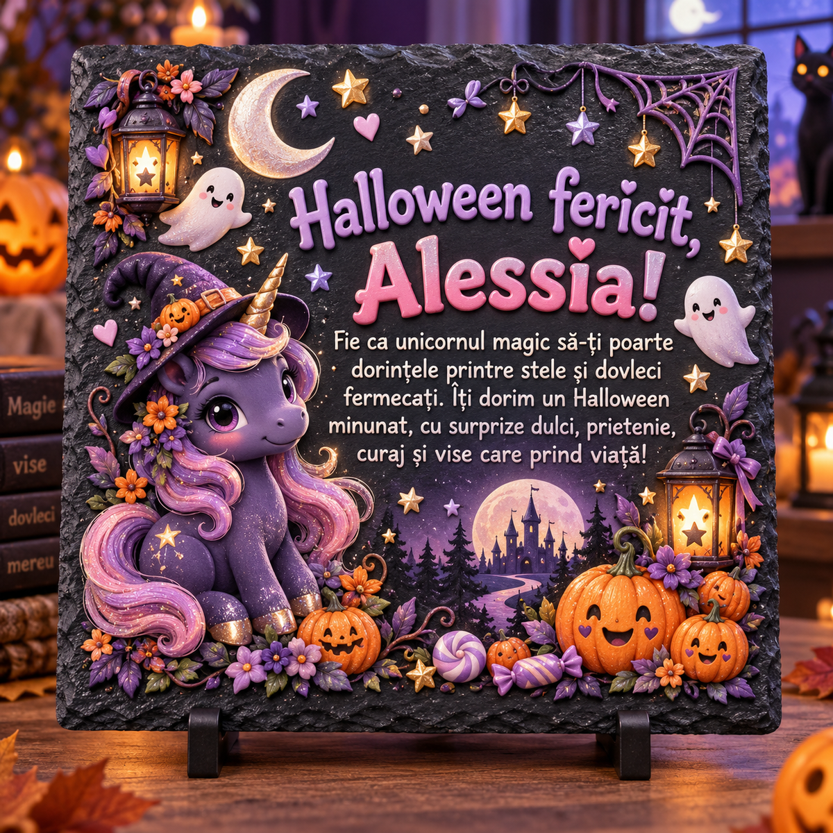 Placă ardezie personalizată Halloween pentru fetiță 20×20 cm – unicorn magic, fantome, dovleci și nume personalizat