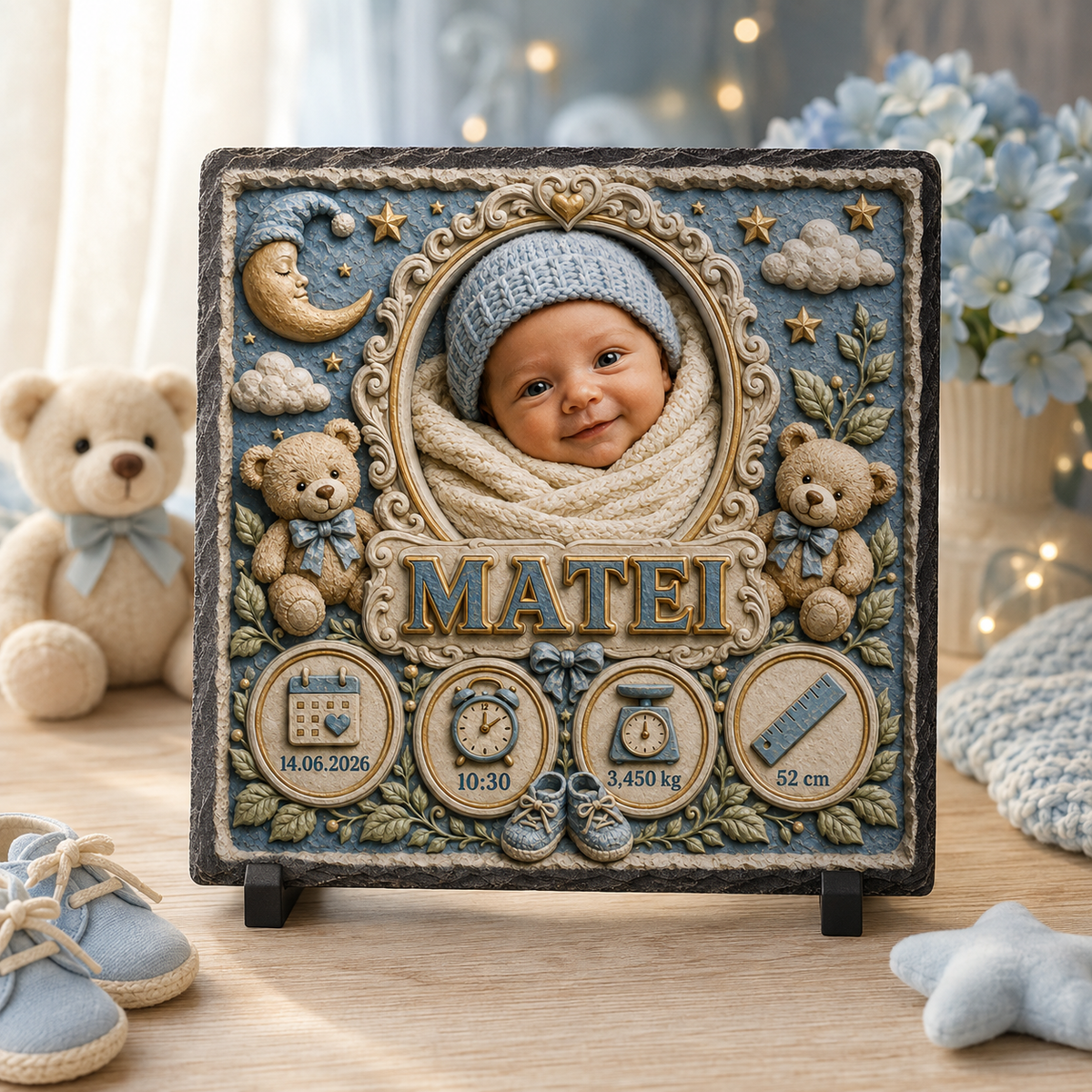 Placă Ardezie Personalizată 20×20 cm pentru Bebeluș Băiat – Poză, Nume și Datele Nașterii