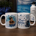Cană personalizată pentru înotătoare cu numele Zoe și fotografie, model albastru, 330 ml
