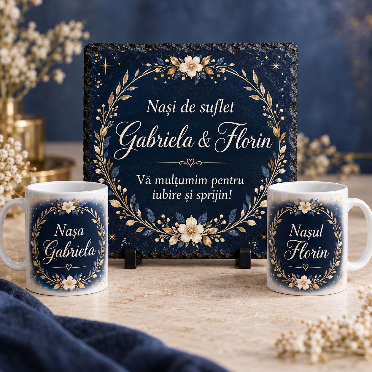 Set Cadou Personalizat pentru Nași Bleumarin & Auriu – Ardezie 20x20 cm + 2 Căni 330 ml