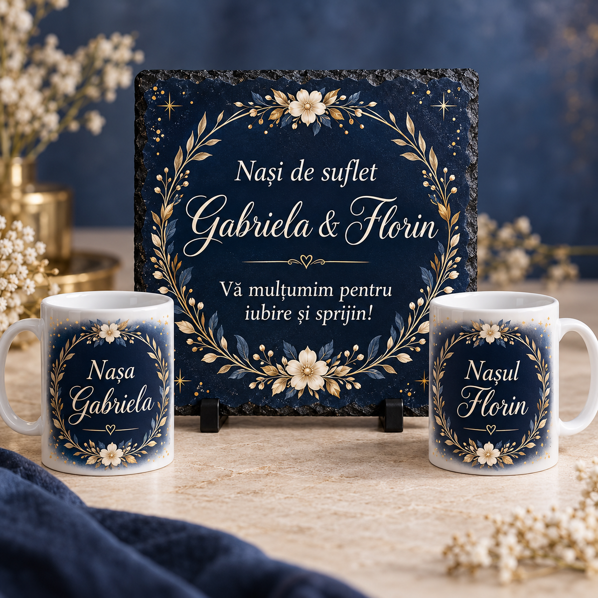 Set Cadou Personalizat pentru Nași Bleumarin & Auriu – Ardezie 20x20 cm + 2 Căni 330 ml