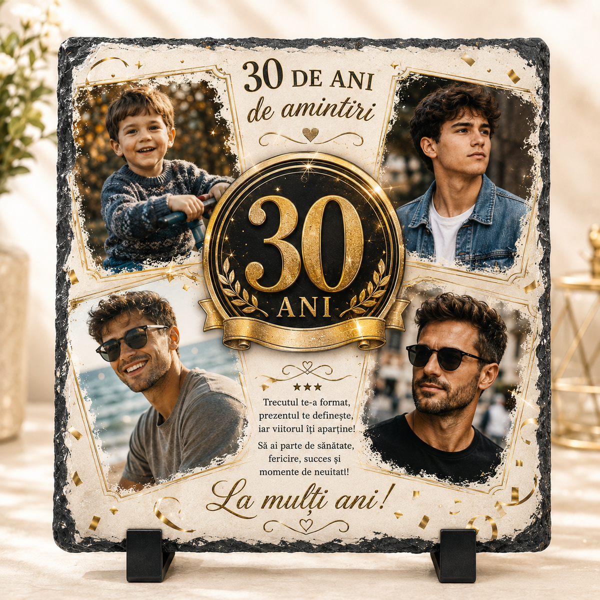 Placă din ardezie personalizată cu 4 fotografii – „30 de ani de amintiri” – cadou aniversar premium