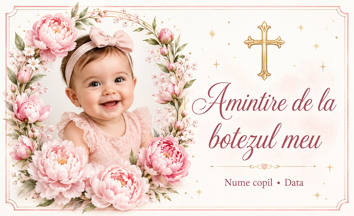 Mărturie de botez fetiță – Magnet de frigider personalizat 9 × 5,5 cm cu fotografie și flori roz