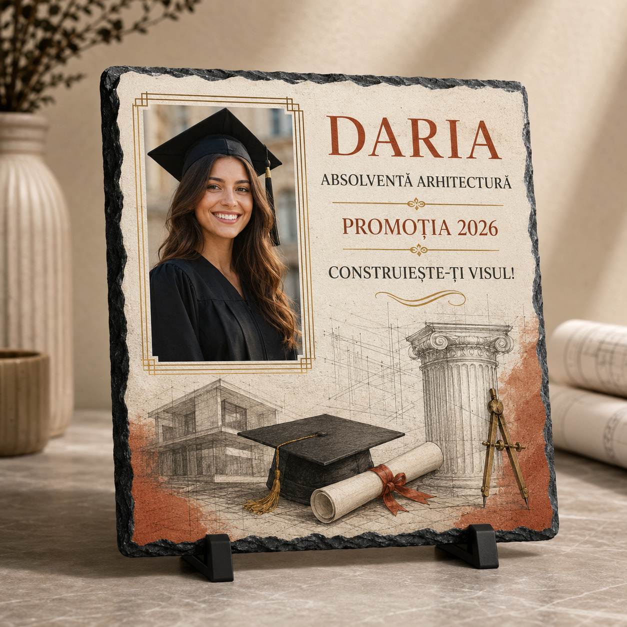 Placă de Ardezie Personalizată Absolvire Arhitectură 20×20 cm cu Poză și Nume – Promoția 2026