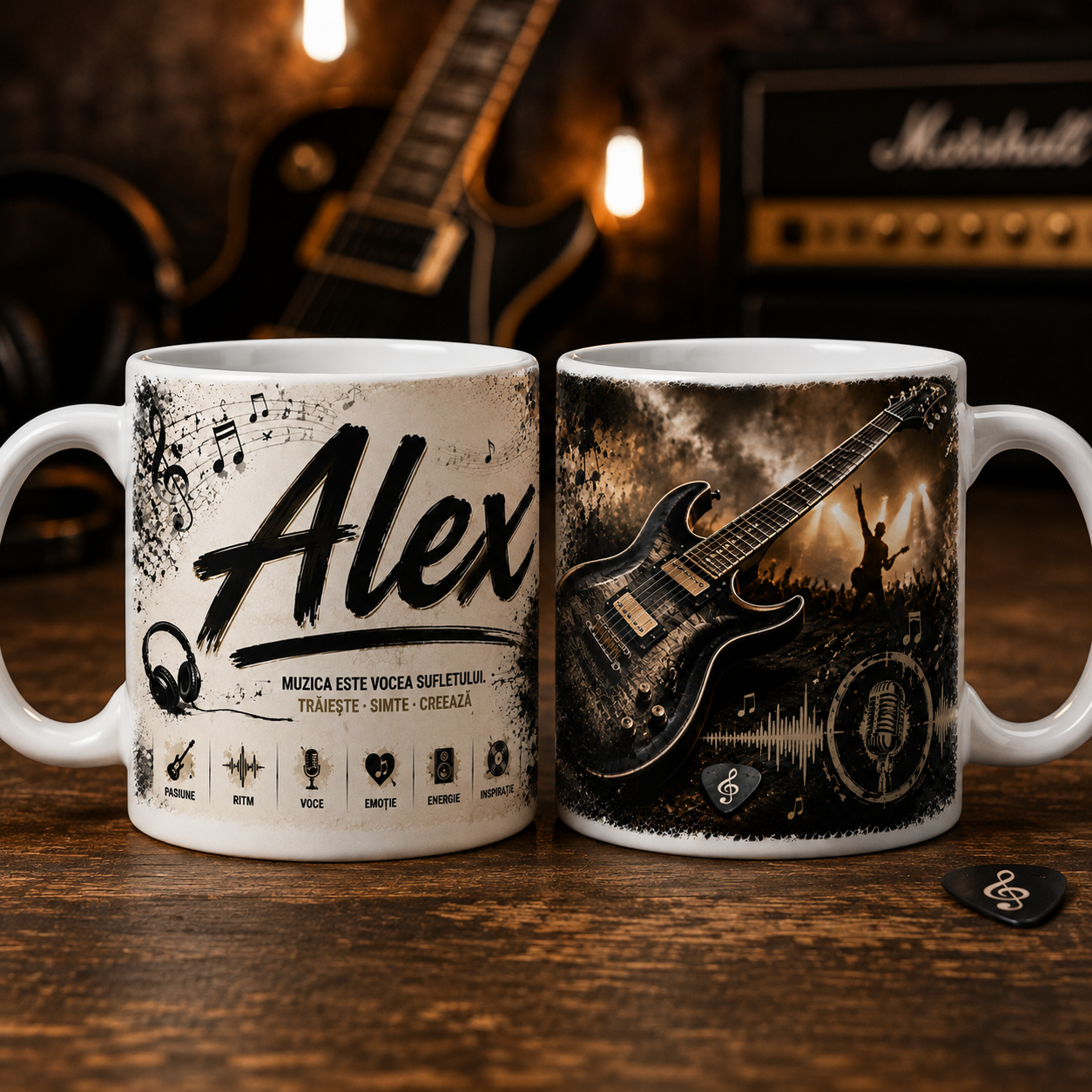 Cană personalizată pentru chitarist cu numele Alex, 330 ml, design premium cu chitară electrică, microfon, căști și concert