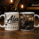 Cană personalizată pentru chitarist cu numele Alex, 330 ml, design premium cu chitară electrică, microfon, căști și concert