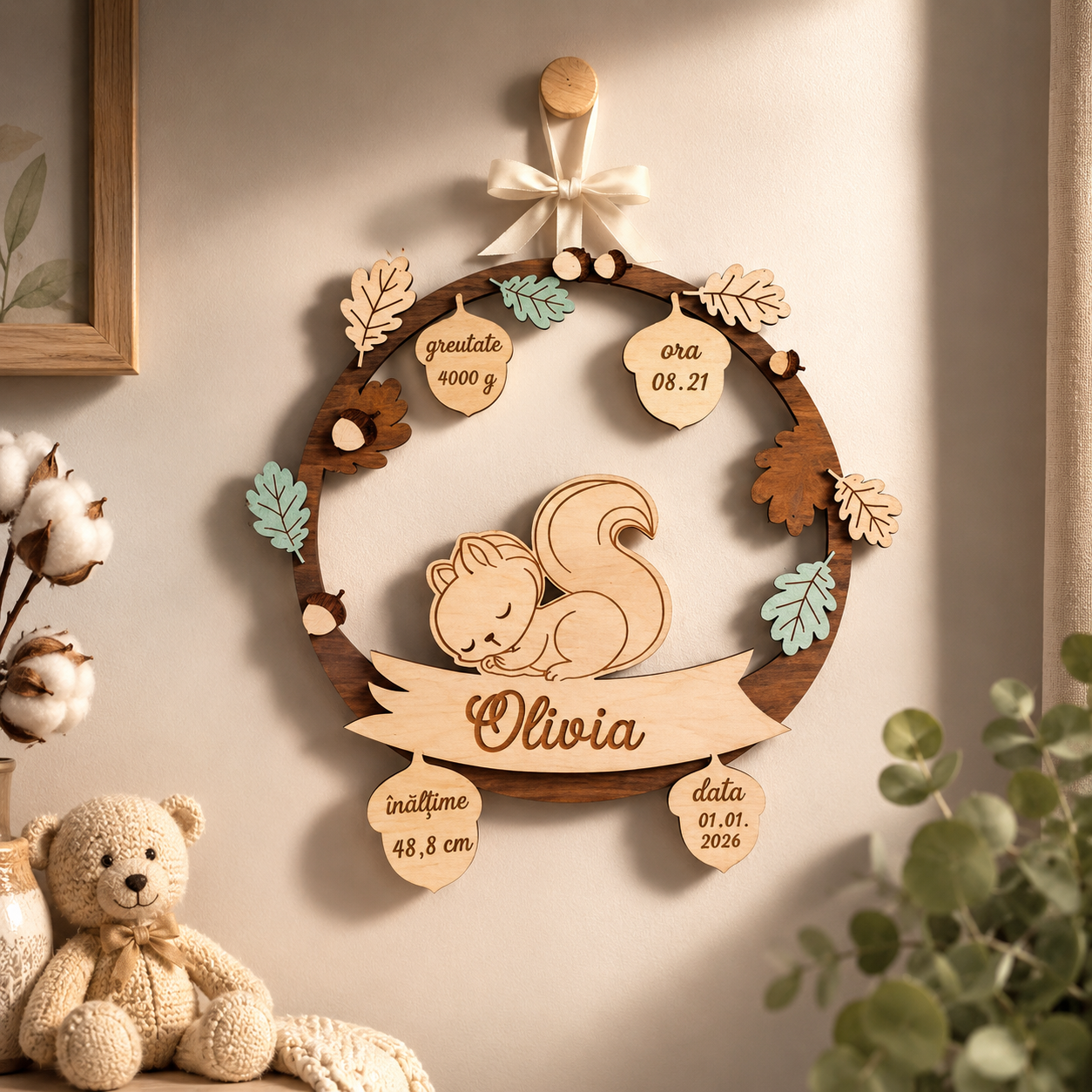 Plachetă personalizată pentru nașterea bebelușului – 25 cm diametru, din placaj premium