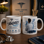Cană personalizată pentru medic specialist cu numele Dr. Andrei Popescu, 330 ml, design albastru cu medic și stetoscop