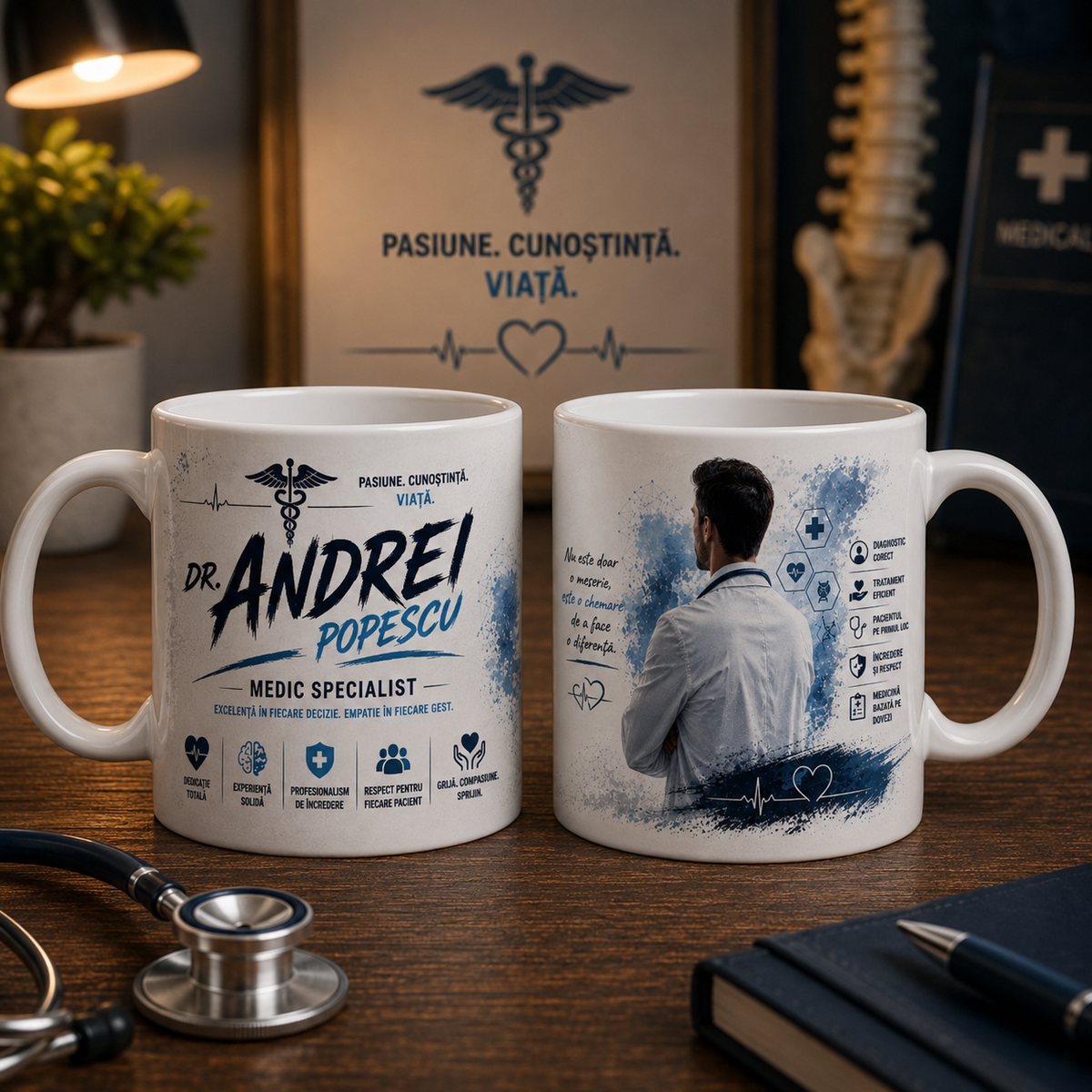 Cană personalizată pentru medic specialist cu numele Dr. Andrei Popescu, 330 ml, design albastru cu medic și stetoscop