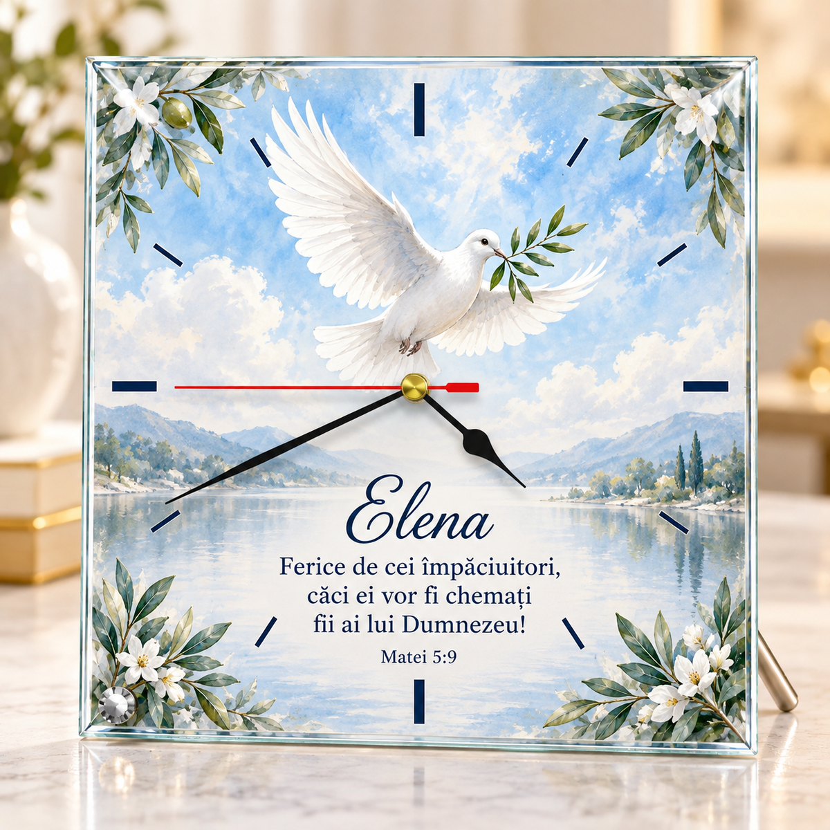 Ceas de Birou Personalizat din Sticlă 20x20 cm – Porumbelul Păcii, Nume și Verset Biblic | Matei 5:9