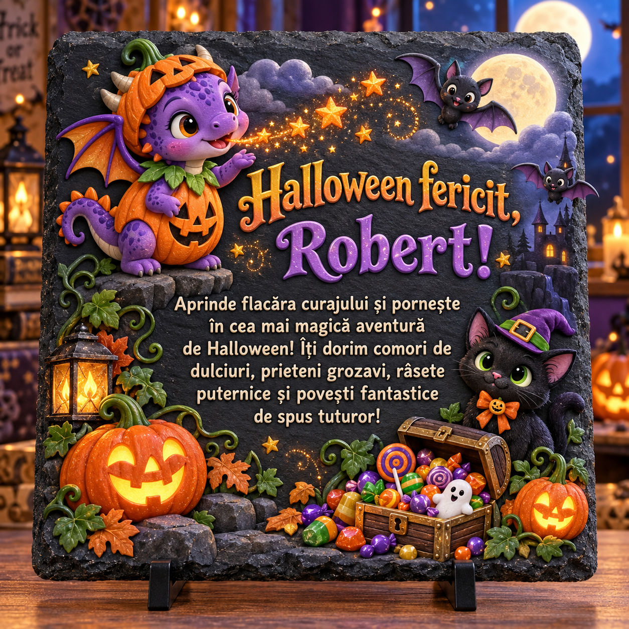 Placă ardezie personalizată Halloween pentru copii 20×20 cm – dragon simpatic, lilieci, pisicuță și nume personalizat