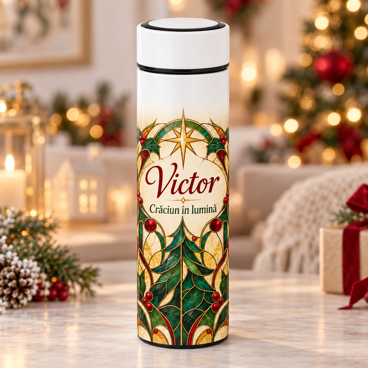 Termos Personalizat 500 ml cu Infuzor de Ceai, Nume și Mesaj – Crăciun în Lumină
