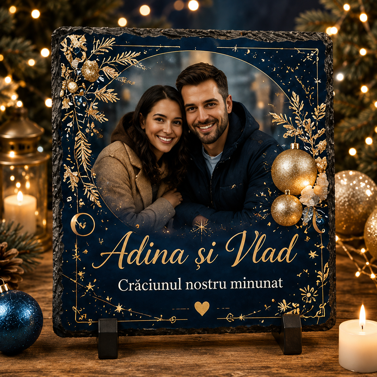 Piatră Ardezie Personalizată de Crăciun pentru Cuplu 20x20 cm cu Poză și Nume – „Crăciunul Nostru Minunat”