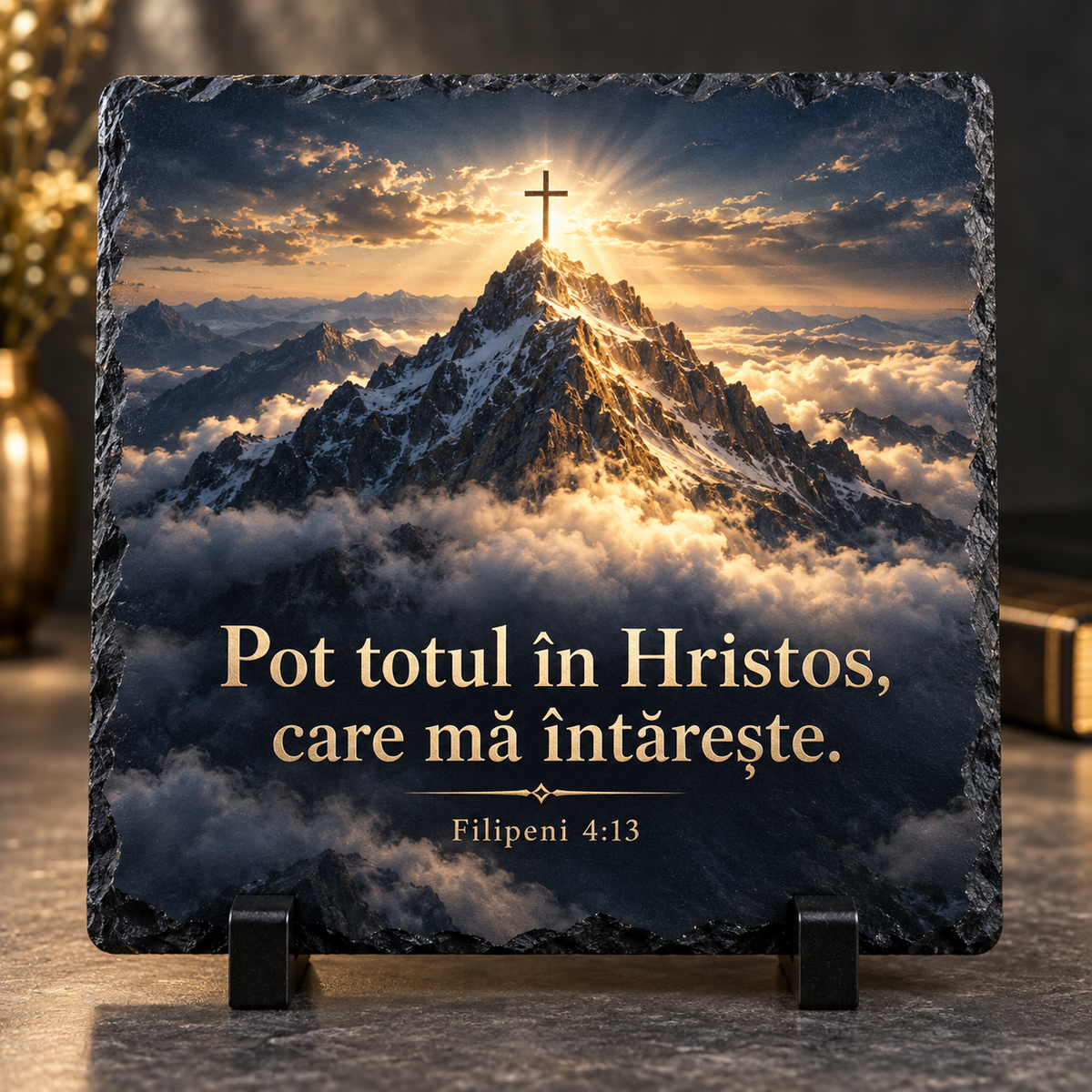 Placă Ardezie Personalizată 20x20 cm – „Pot totul în Hristos, care mă întărește” | Filipeni 4:13