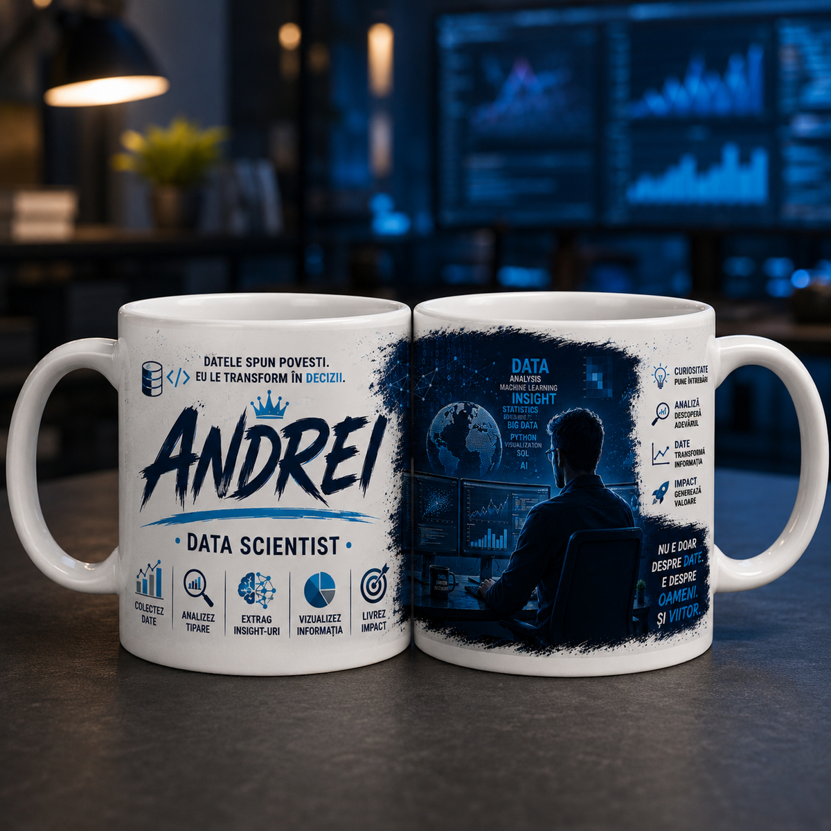Cană personalizată pentru Data Scientist cu numele Andrei, 330 ml, design albastru cu grafice, date și ecrane de analiză