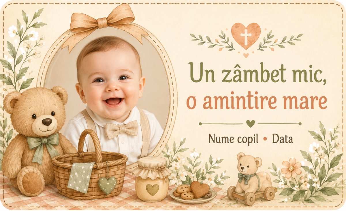 Mărturie de botez băiețel – Magnet de frigider personalizat 9 × 5,5 cm cu ursuleț și tematică rustică