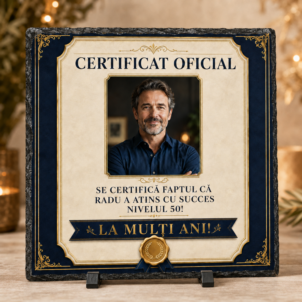 Placă de ardezie personalizată 20×20 cm – „Certificat Oficial” cu poză, nume și vârstă