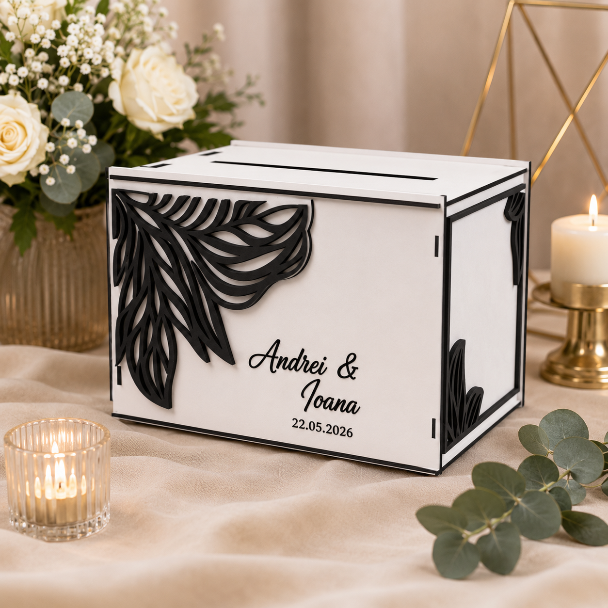 Cutie de Dar Personalizată pentru Nuntă din MDF Alb – 300 × 200 × 200 mm