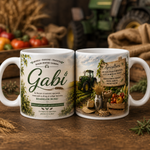 Cană personalizată pentru agricultor cu numele Gabi, 330 ml, design cu tractor verde, grâu, legume și recoltă