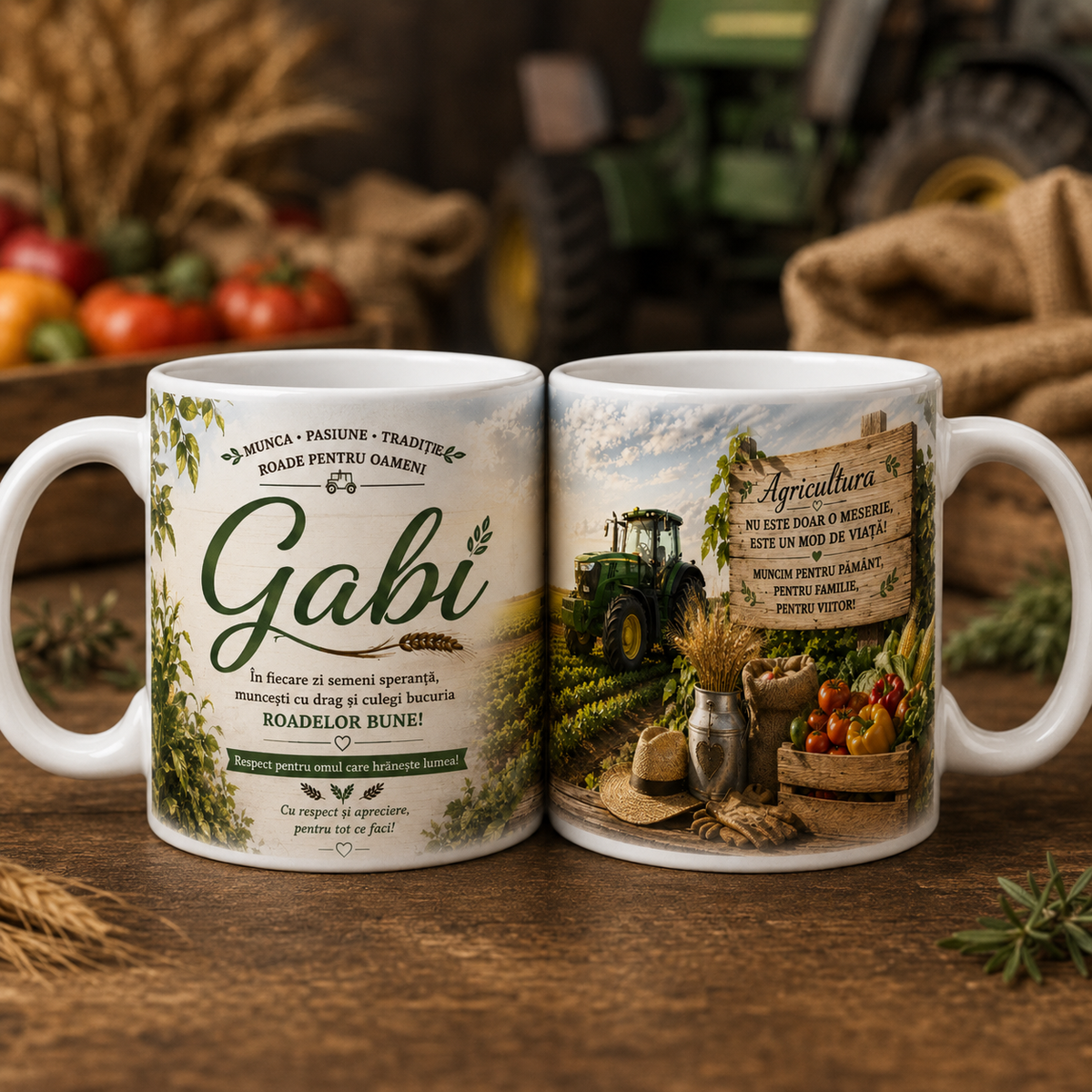 Cană personalizată pentru agricultor cu numele Gabi, 330 ml, design cu tractor verde, grâu, legume și recoltă