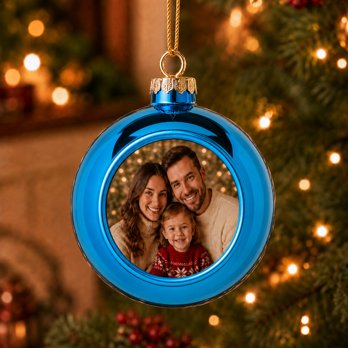 Glob de Crăciun albastru personalizat cu fotografie de familie, diametru 8 cm