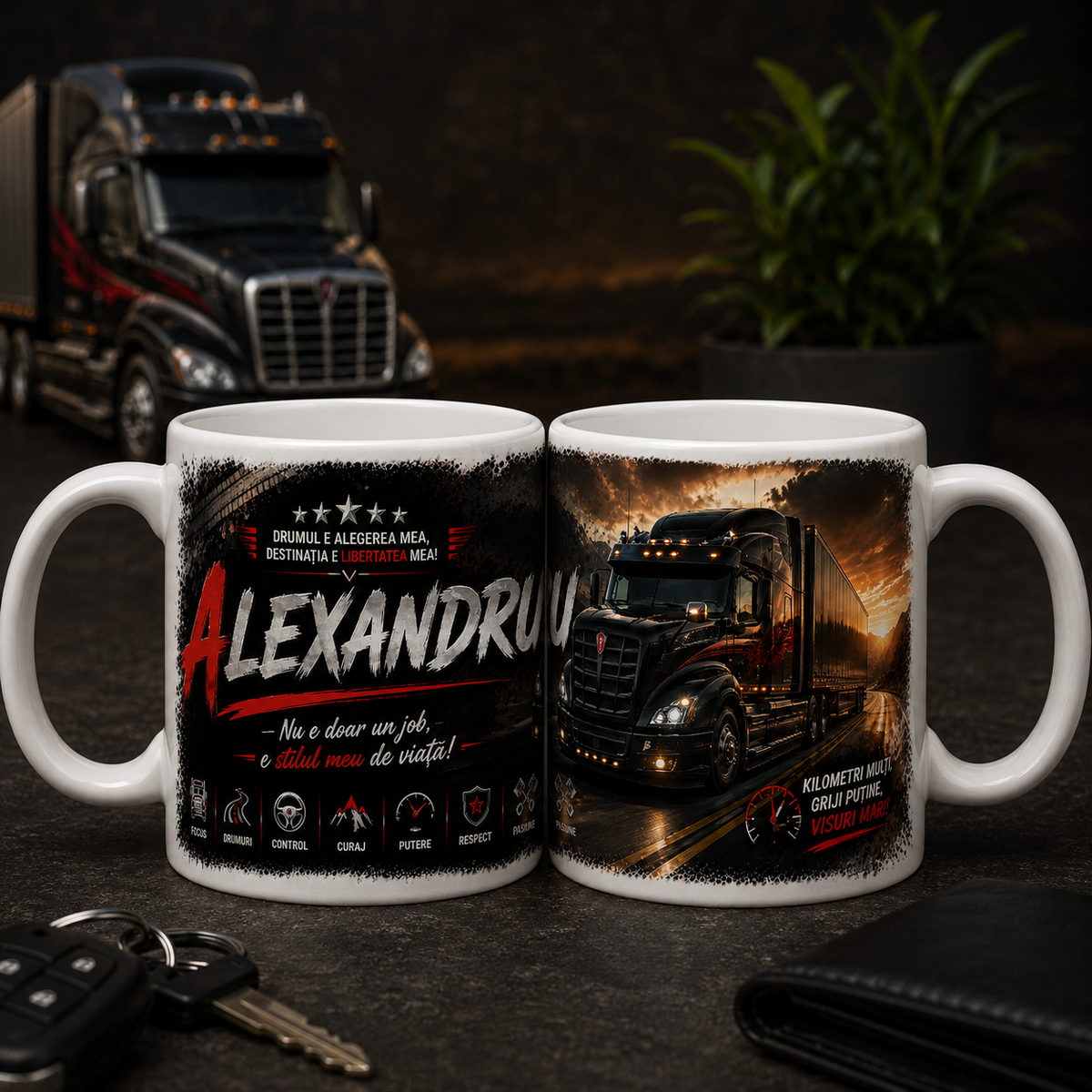 Cană personalizată pentru șofer de platformă auto cu nume – cadou pentru transportator, 330 ml