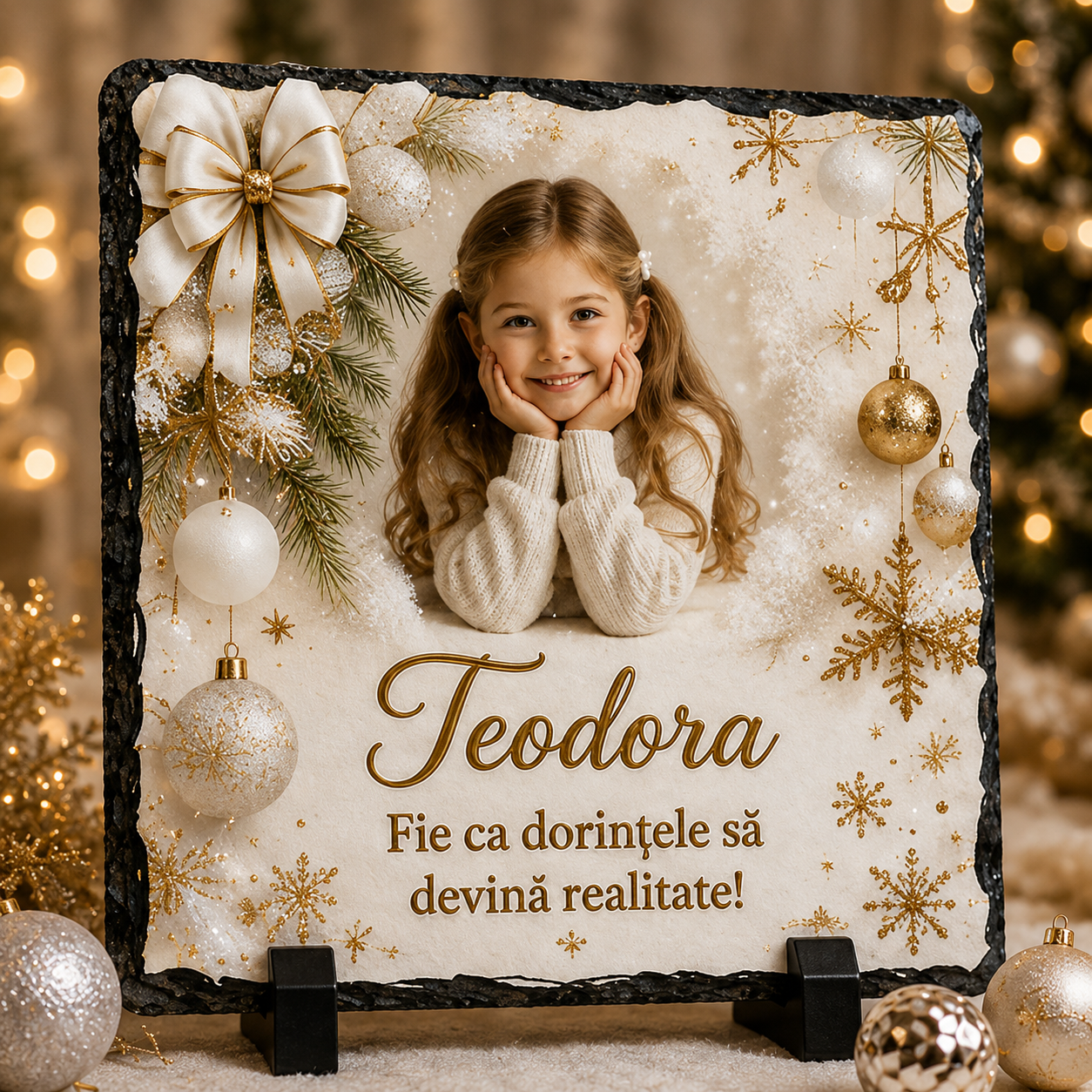 Piatră Ardezie Personalizată de Crăciun pentru Fetiță 20x20 cm cu Poză și Nume – „Fie ca dorințele să devină realitate!”
