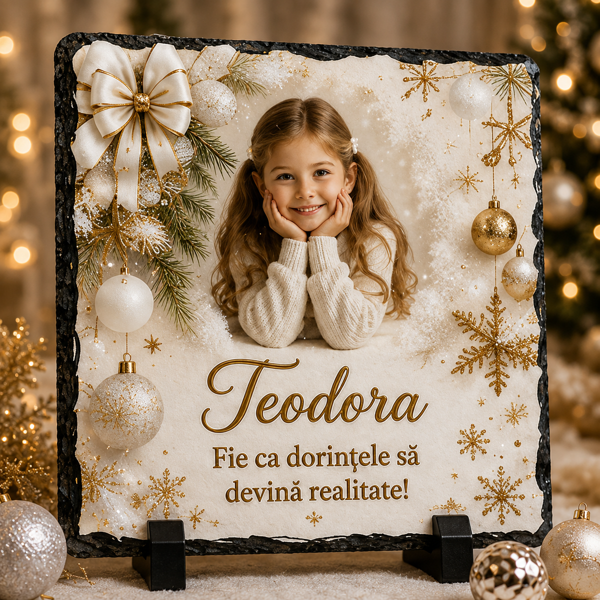 Piatră Ardezie Personalizată de Crăciun pentru Fetiță 20x20 cm cu Poză și Nume – „Fie ca dorințele să devină realitate!”