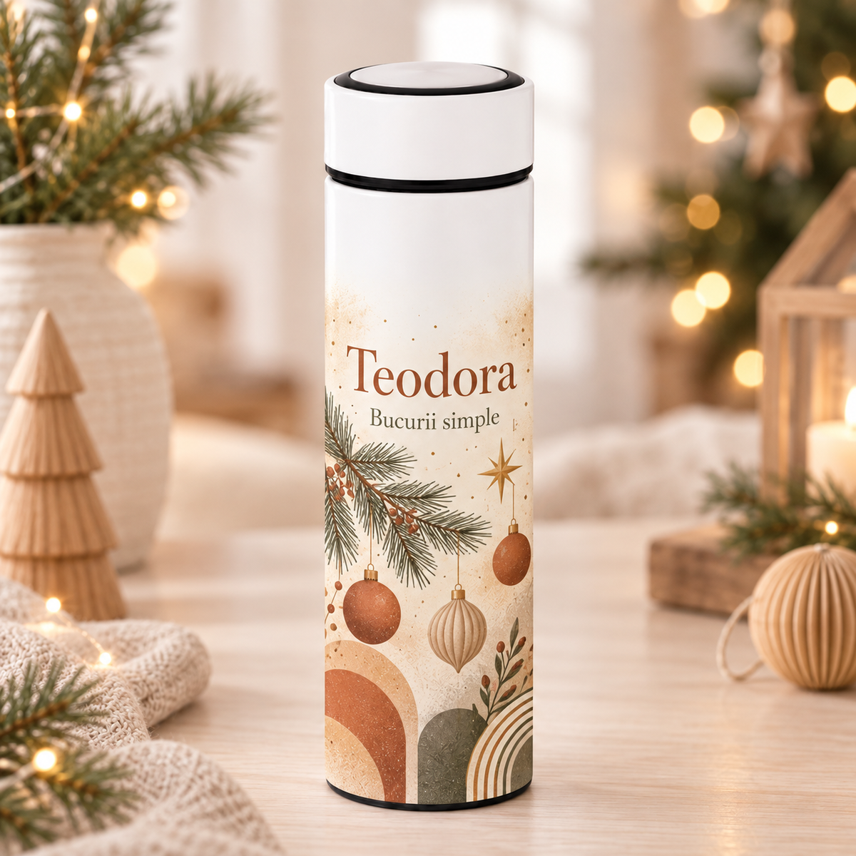 Termos Personalizat 500 ml cu Infuzor de Ceai, Nume și Mesaj – Bucurii Simple
