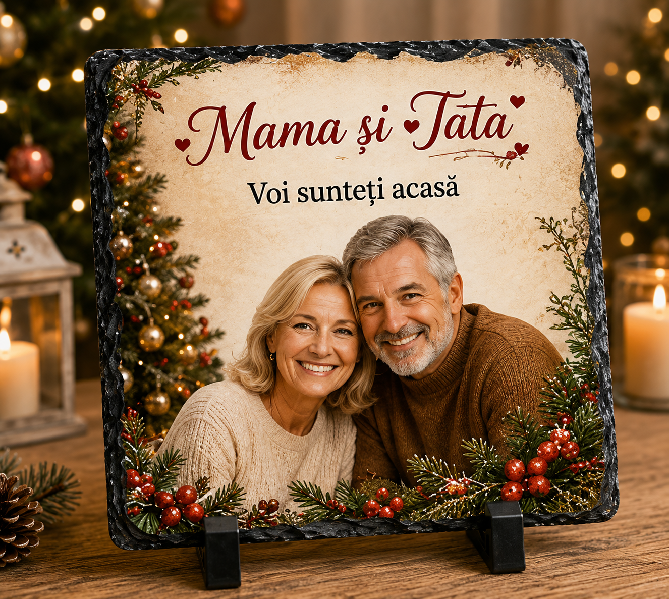 Piatră Ardezie Personalizată de Crăciun pentru Mama și Tata 20x20 cm cu Poză – „Voi Sunteți Acasă”