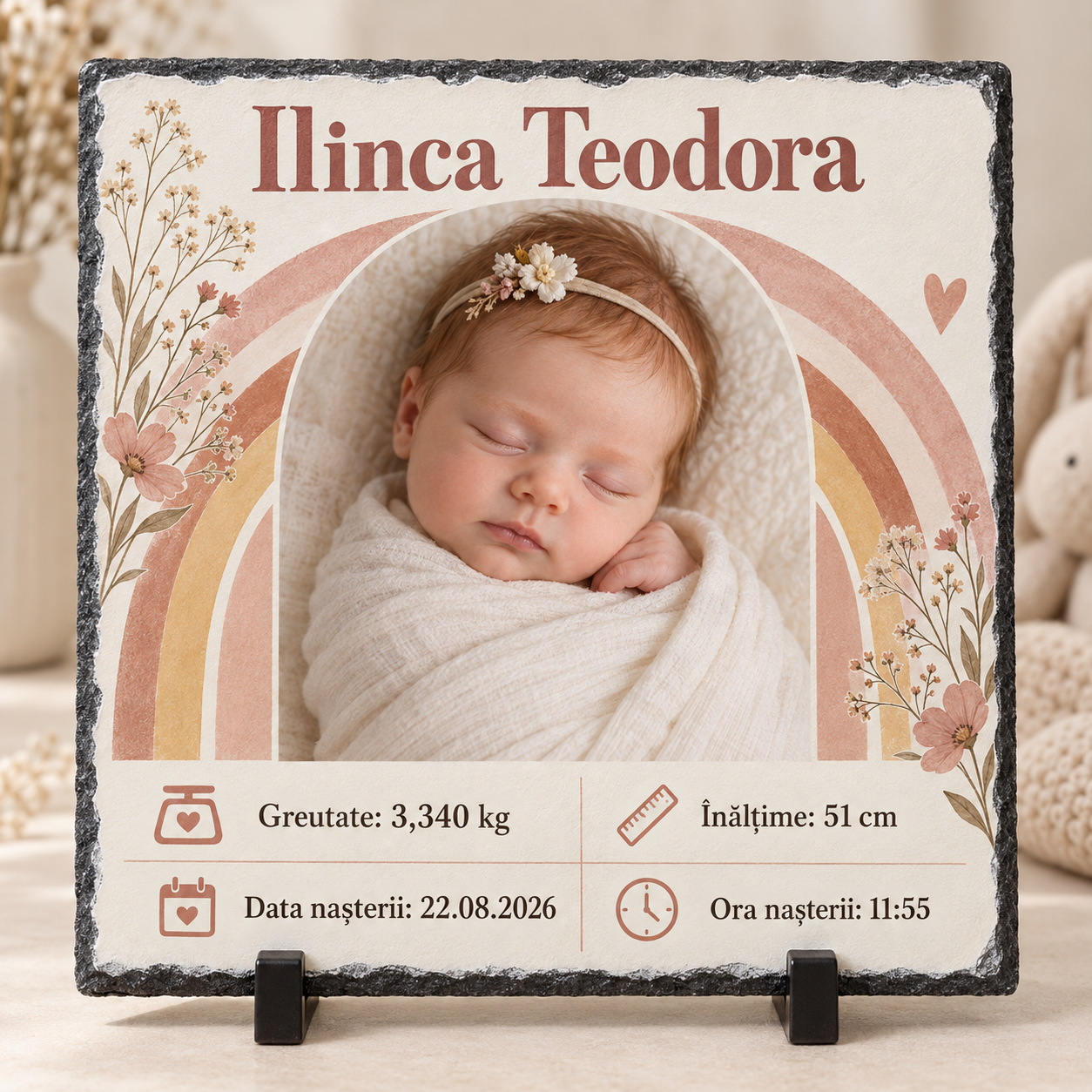 Placă ardezie personalizată fetiță 20x20 cm – Model curcubeu Boho cu poză, nume și datele nașterii