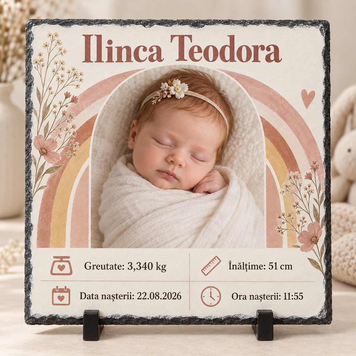 Placă ardezie personalizată fetiță 20x20 cm – Model curcubeu Boho cu poză, nume și datele nașterii