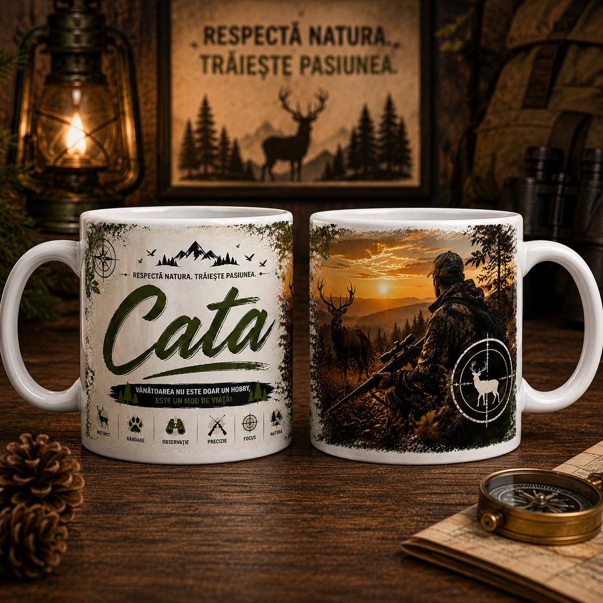 Cană personalizată pentru vânător cu numele Cata, 330 ml, design cu cerb, vânător, pădure și apus